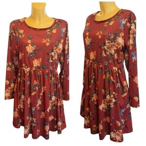 Burgundy Orange Blue Floral Long Sleeve Knee Length Dress with Pockets